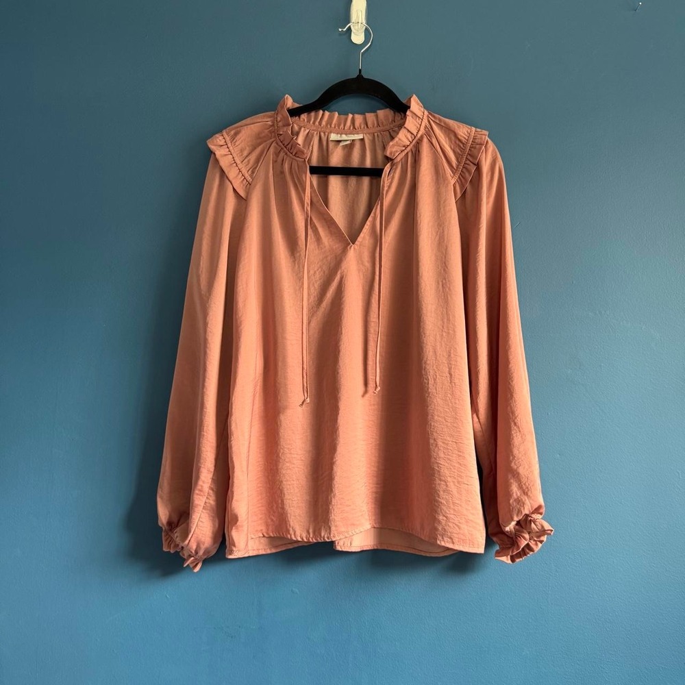 Ruffle Neck Peasant Blouse Women's Size Small Knox Rose Blush Tan Renaissance